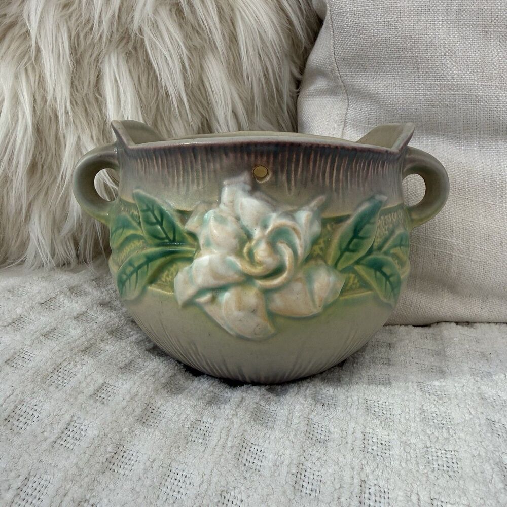 Vintage Roseville Pottery Gardenia Hanging Basket 661-5 MCM Silver White Floral